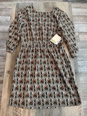 Brand New! BeBop Medium Brown and Cream Tile-Print Long Sleeve Midi Dress